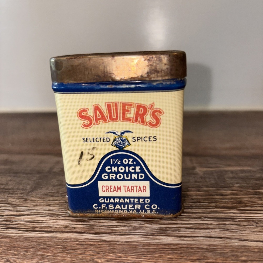 Vintage Sauer's Choice GroundCream Tartar  Spice Tin Richmond Virginia 1 1/2 Oz
